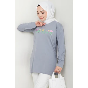 Çiçek Desen Tesettür Tunik 1425 - Gri