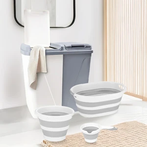 4'lü Set - 90 Lt Iki Bölmeli Kirli Çamaşır Sepeti Katlanabilir Sepet Akordiyon Su Kovası Maşrapa Gri