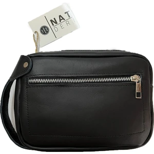 Hakiki Deri Siyah Erkek El Çantası – Şık Fermuarlı Model, El Tutmaçlı 15x22 cm