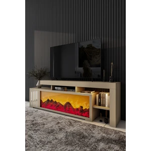 Dekoratif Elektrikli Yapay Şömine ve Tv Ünitesi 160 cm  x 52 cm  Kumandalı Bluetooth Ses, Sahra Rengi