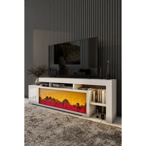 Dekoratif Elektrikli Yapay Şömine ve Tv Ünitesi 160 cm  x 52 cm  Kumandalı Bluetooth Ses Beyaz Rengi