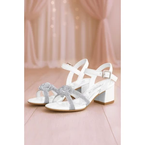 Hapshoe Kids Beyaz Örgü Taşlı Kız Çocuk Abiye Kalın Topuklu Ayakkabı