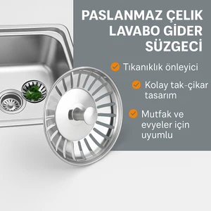 Paslanmaz Çelik Lavabo Gider Süzgeci – Tıkanıklık Önleyici, Bulaşık ve Evyeler Için Uyumlu, Kolay Tak-Çıkar