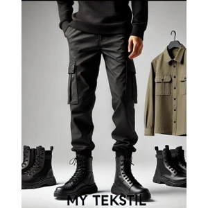 My Tekstil Erkek Kargo Pantolon Siyah Likralı Slimfit Lastikli Paça