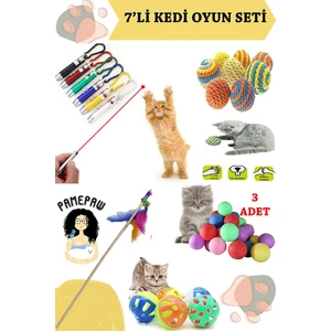 Luxury 7'li Set : Lazer Kedi Oyuncağı , Sarma Top , Olta , 3'lü Mini Top , Çıngıraklı Top 1 Adet