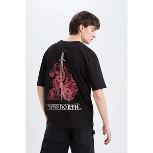 %100 Pamuk Vikings Valhalla Oversize Geniş Kalıp Bisiklet Yaka Sırt Baskılı Kısa Kollu Tişört A6308AX25SP