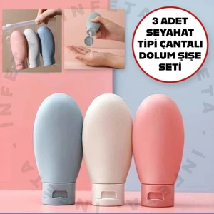 3'lü Çok Amaçlı Doldurulabilir Çantalı Seyahat Tipi Şişe Seti- Boş Krem Şampuan Şişesi