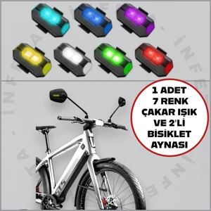 2'li Set 1 Adet 7 Renk 30 Mod Bisiklet Çakar Lamba ve 2 Adet 360 Açılı Büyük Boy Bisiklet Aynası