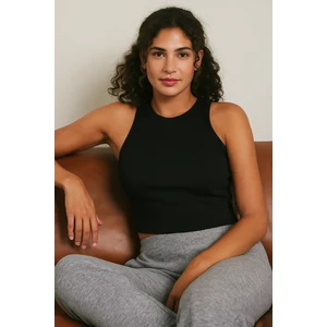 mmetalic Kadın Siyah Fitilli Görünümlü Askılı Kalın Esnek Örme Basic Crop Atlet Bluz