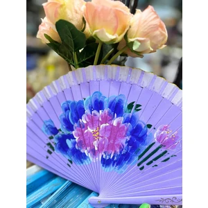 Yelpaze Bambu Çift Taraflı Çiçekli El Boyama Lila