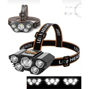 150W Ultra Güçlü Kafa Lambası Şarjlı Kamp Avcı Balıkçı Av Feneri Kafa Feneri 5 Gözlü LED Fener