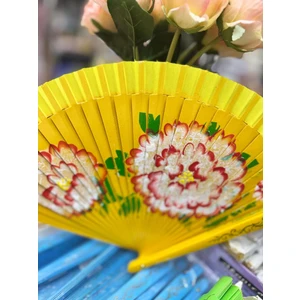 Yelpaze Bambu Çift Taraflı Çiçekli El Boyama Sarı
