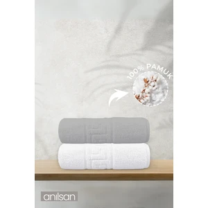 2'li Greek Gri-Beyaz El Havlusu - 50x90 Cm, 225 Gr, %100 Pamuk, Spa Ve Otel Havlusu