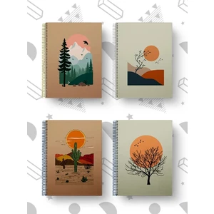 4'lü Spiralli Okul Defteri 60 Yaprak 4'lü Set - A5 Boy Çizgili 15 x 21 cm Soyut Baskı Set Defter