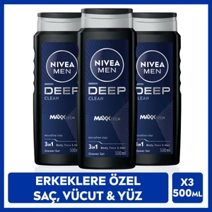 Nıvea MEN Erkek Deep Dimension Duş Jeli 500ml, 3ü1Arada Komple Bakım, Vücut Saç Yüz, Erkeksi Koku, X3Adet