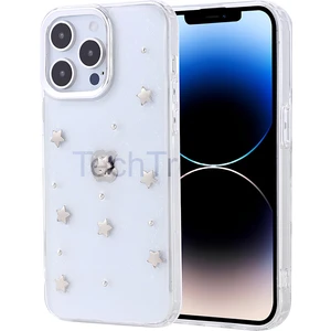 Apple iPhone 14 Pro Kılıf Kabartmalı Desenli Simli Şeffaf A+ Kalite Kapak