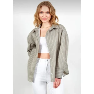 Matu Official Haki Renk Uzun Kollu Çizgili Oversize Uzun Kadın Gömlek (1 Ya Da 2 Beden Büyük Alınız)