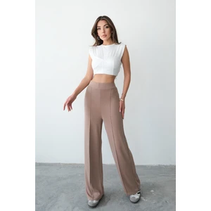Yüksel Bel Rahat Kesim Nervürlü Çımalı Modal Camel Bol Paça Kadın Eşofman Altı