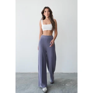 Yüksel Bel Rahat Kesim Nervürlü Çımalı Modal Lila Bol Paça Kadın Eşofman Altı