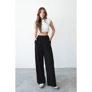 Kadın Beli Lastikli Rahat Kalıp Cepli Siyah Bol Paça Kadın Eşofman Altı