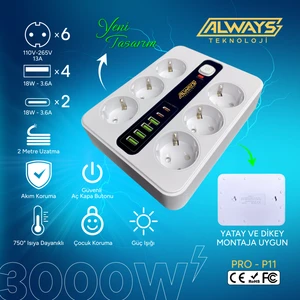 3000W Akım Korumalı 4 Usb'li ve 2 Type-C Li 6'lı Grup Priz 2 M Uzatma Kablosu Beyaz