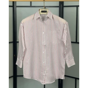 Matu Official Beyaz - Kırmızı Çizgili Uzun Kollu Terikoton Kumaş Oversize Uzun Kadın Gömlek (1 Ya Da 2 Beden Büyük Alınız)