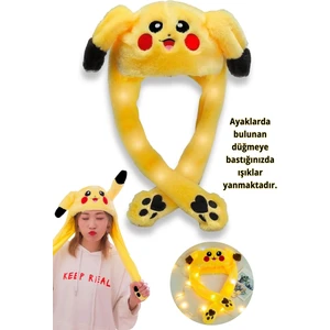 Pokemon Pikachu Peluş Oyuncak Şapka- LED Işıklı, Hareketli Kulaklı, Patili Eğlenceli Tasarım