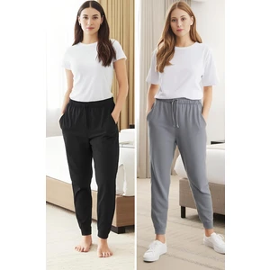 %100 Pamuk 2'li Paket Süprem Kadın Pijama Altı Rahat Kalıp Cepli Ipli Terletmez Esnek Siyah- Gri Alt