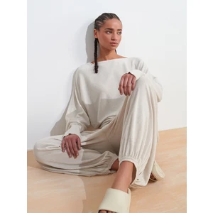 10735 Kayık Yaka Ince Triko Kazak-Bej Melanj