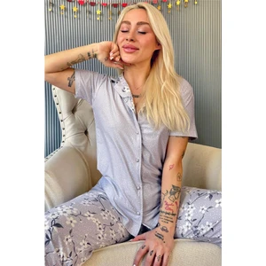 Gri Florado Exclusive Önden Düğmeli Kısa Kollu Kadın Pijama Takımı