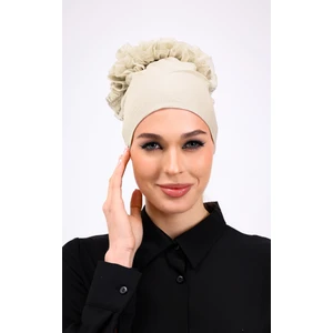 Fırfırlı Krem Dikişsiz Penye Bone Kadın Tesettür Bağlamalı (Taş Rengi - Bej)