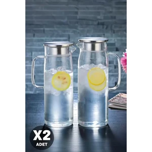 2'li Retro Cam Sürahi Kulplu Çelik Kapaklı Soğuk Sıcak Kokteyl Meşrubat Cam Sürahisi 1500 ml Seti