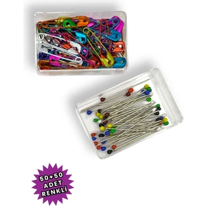 Çengelli ve Toplu Iğne Karışık Renkli 100 Adet (50+50) - Eşarp ve Şal Iğnesi - Kadın Tesettür Çok Amaçlı Igne