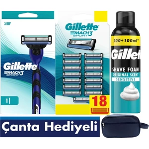 Mach3 Sport Makine + Mach3 Sport 18 Adet Bıçak Yedek +300ml Gillette Köpük+Seyahat Tıraş Çantası