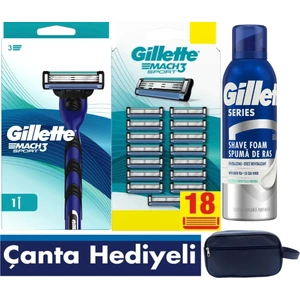 Mach3 Sport Aquagrip Tıraş Makinesi + Mach3 Sport 18 Adet Yedek Tıraş Bıçağı + Gillette 200 ml Köpük +Seyahat Çantası