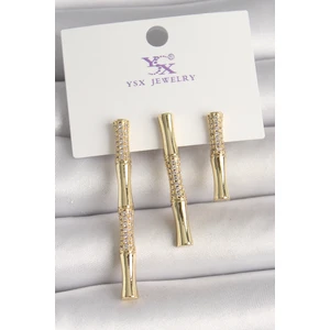 Pirinç Gold Renk Zirkon Taşlı Bambu Model 3'lü Kadın Kombin Küpe - TJ-BKP10463