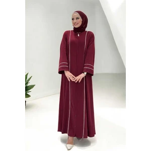 Çizgi Detaylı Boydan Fermuarlı Tam Boy Ferace 6011 Bordo