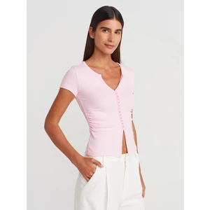 31838 Düğmeli Kısa Kollu Top-Açık Pembe