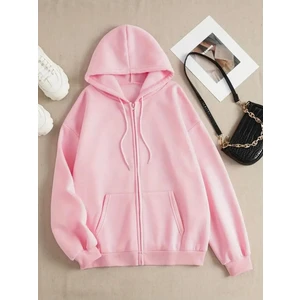Pembe 3 Iplik Fermuarlı Kapüşonlu Hırka Ceket