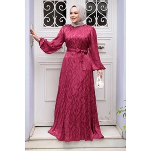 Desenli Bordo Tesettür Elbise 23272BR