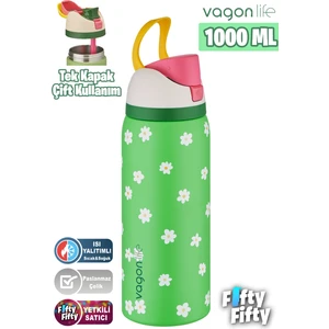 1000 ml Tek Kapak Çift Kullanım Pipetli/pipetsiz Taşıma Kulplu Çelik Termos -FFVGN045ML1000DESENLI