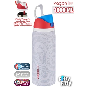 1000 ml Tek Kapak Çift Kullanım Pipetli/pipetsiz Taşıma Kulplu Çelik Termos -FFVGN045ML1000DESENLI