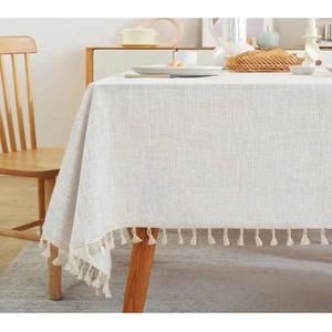 Krem Püsküllü %100 Pamuklu Buldan Işi Organik Keten Masa Örtüsü