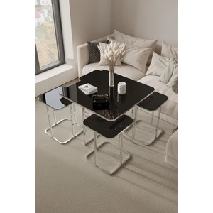 Home Plus Mobilya 4+1 Gümüş Kaplama Siyah Ayna Radüslü Orta Sehpa