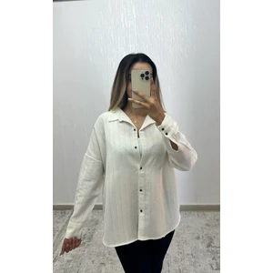 Keten Oversize Gömlek Krem Çizgili
