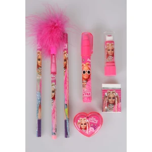 Dekomus Ile Lisanslı Barbıe 7'li Kırtasiye Seti 2 Adet Kurşun Kalem,tüylü Geçmeli Kalem,roket Silgi,ruj Silgi, ve Kalpli Kalemtraş Seti