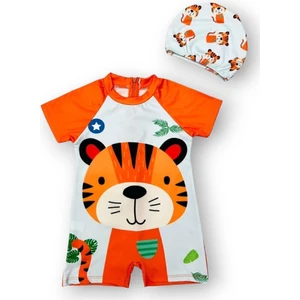 Kısa Kollu Kaplan Desenli Erkek Bebek Çocuk Mayo Takımı - Şapkalı - Hızlı Kuruyan - Yazlık