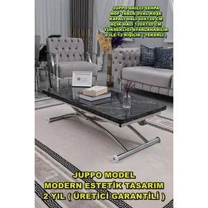 Sehpam Akıllı Akıllı Sehpa Juppo Üst Tabla Mdf Siyah Mermer Desen Oval Köşe Alt Ayak Krom Dışa