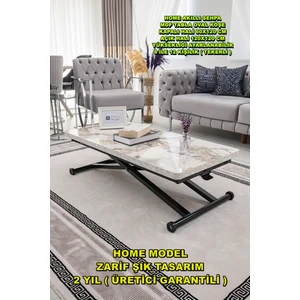 Sehpam Akıllı Home Üst Tabla Mdf Beyaz Mermer Desen Oval Köşe Alt Ayak Siyah 