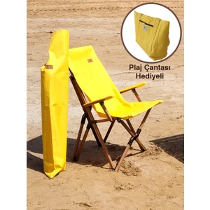 Joyfull Turtle Ahşap -  Kollu Katlanır Kamp - Bahçe - Balkon Sandalyesi - Koyu Ceviz Iskelet - Sarı Kılıf - Sarı Çanta